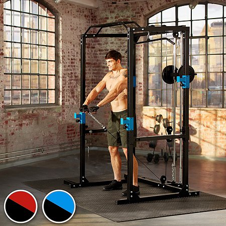 Jaula de levantamiento de pesas Tectake, soporte para pesas, estación de entrenamiento – negro/azul