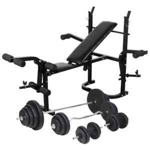 Banco de entrenamiento + soporte para pesas, juego de mancuernas de 120 kg