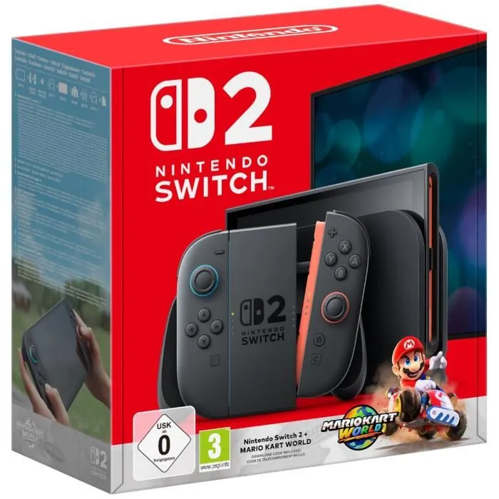 Consola Nintendo Switch 2 azul claro y rojo claro + Mario Kart World (código)